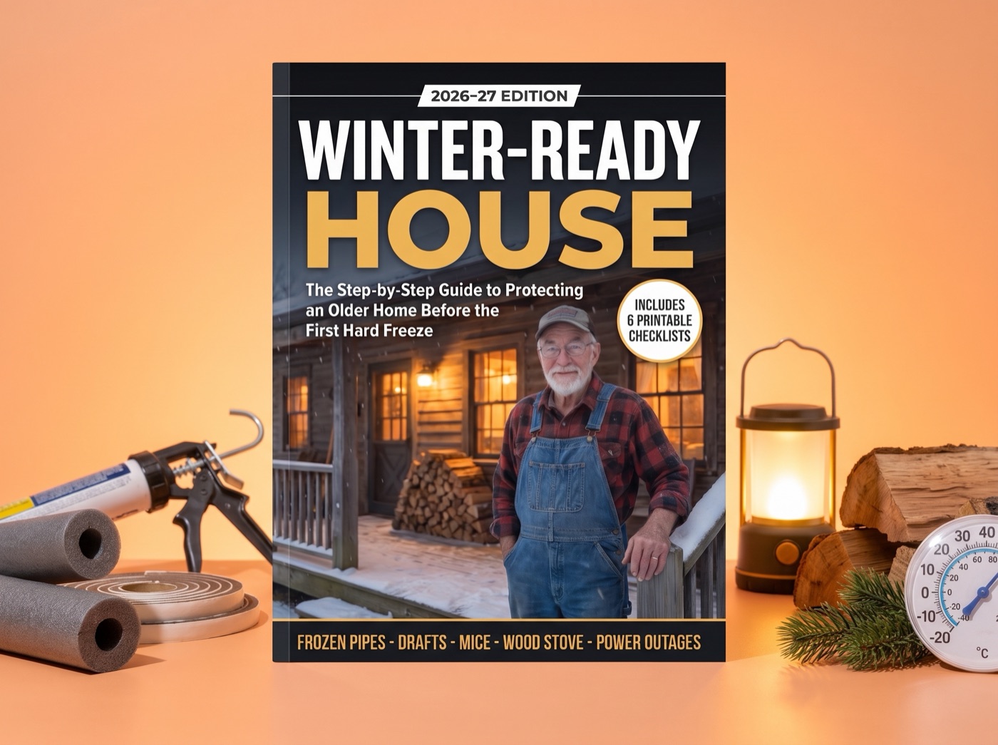 Winter-Ready House guide with pipe insulation, caulk, weatherstrip and lantern